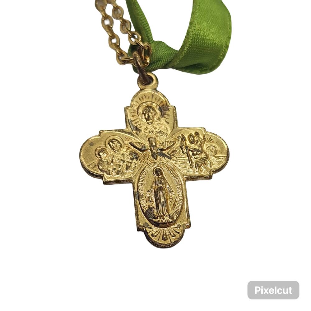 Vintage Catholic Cross Pendant Necklace Gold Plate 4 Way I Am Catholic Medal